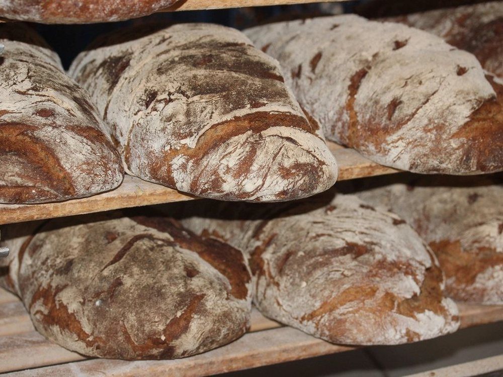 Round loaves of crusty bread stacked on wooden bakery shelves